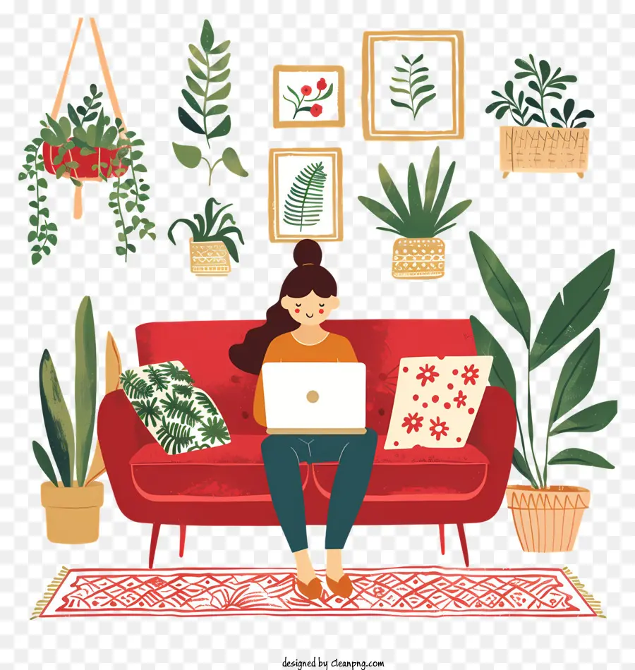 Ragazza con laptop Home Office donna seduta per computer portatile rosso divano rosso - Donna che lavora nell'home office accogliente e personalizzato
