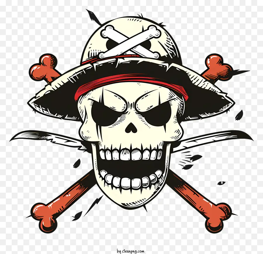 one piece jolly roger skull straw hat swords black background