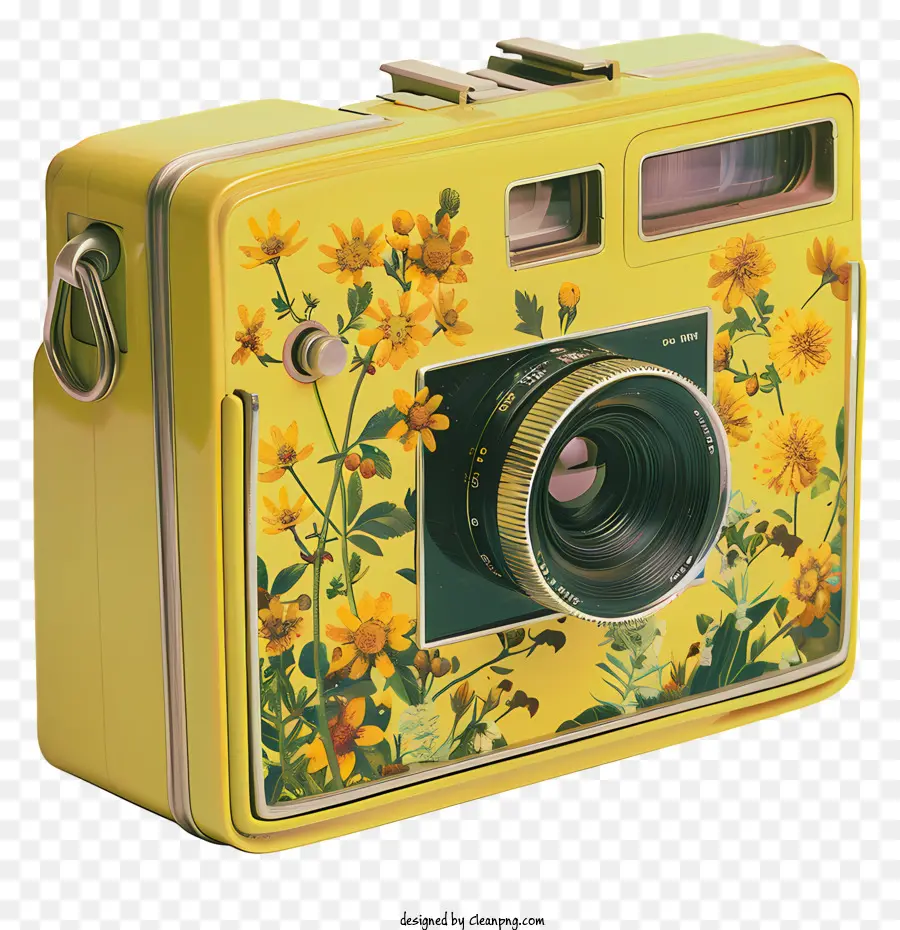 polaroid Kamera - Klares Objektiv, gelbe Metallkamera mit Blumen