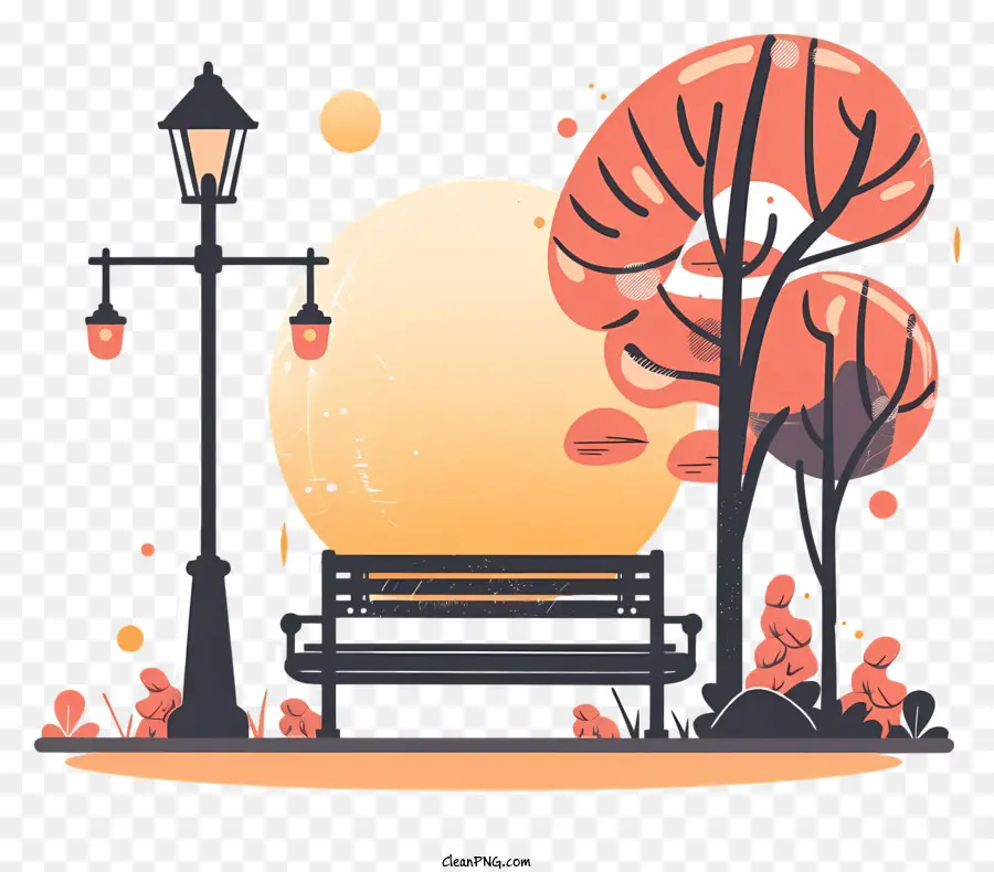 Công viên Thành phố Bench City Sunset Sky Pink và Orange - Công viên thành phố vào lúc hoàng hôn với bầu trời hồng, cây cối, mặt trăng, cỏ, ghế dài