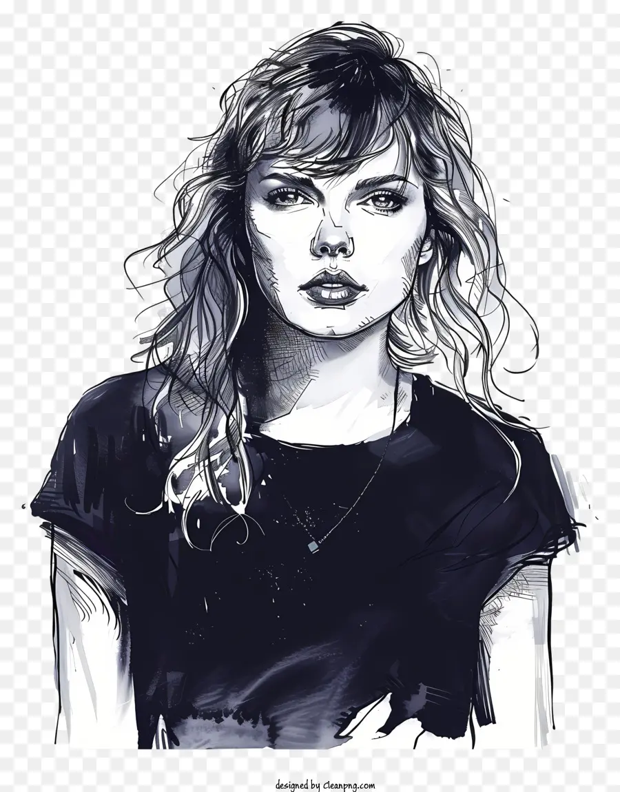 Taylor Swift Frau Langblondes Haar Tattoo Piercing - Schwarz -Weiß -Porträt einer ernsthaften Frau