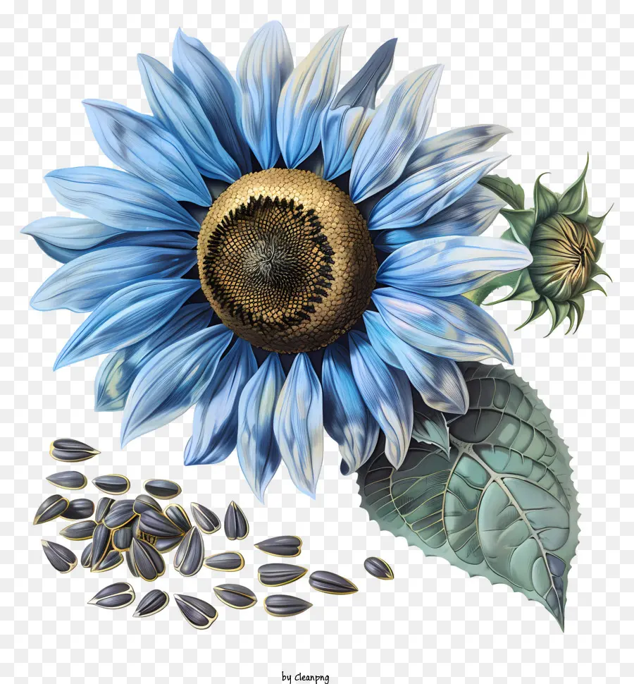 Sonnenblumen und Samen malen blaue Sonnenblumenblätter Samen - Detaillierte, realistische Gemälde von lebendiger blauer Sonnenblume