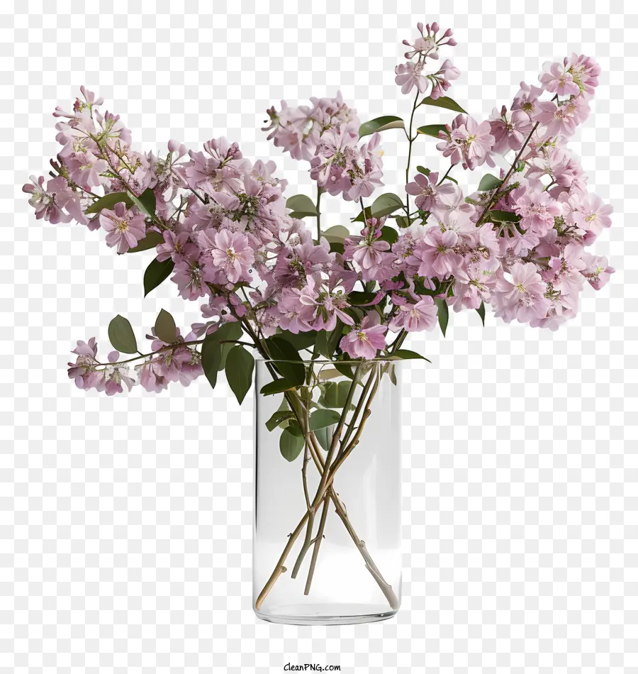 Vase Clear Glass Vase Pink Blumen Lilacs Symmetrische Anordnung - Rosa Blumen in Glasvase auf schwarzem Hintergrund