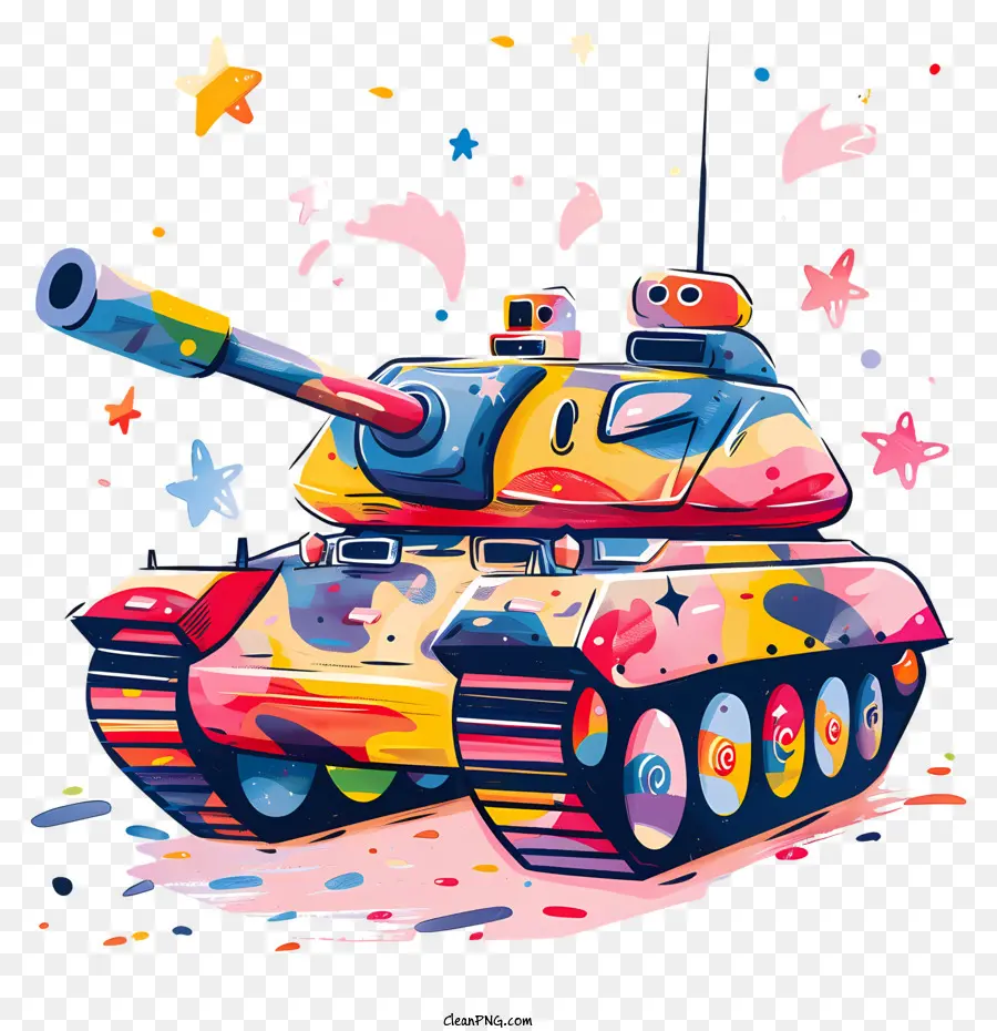 fumetto di vernice di vernice spruzzo del serbatoio colorato serbatoio con stelle con pistola - Tank colorato con stelle e pistola