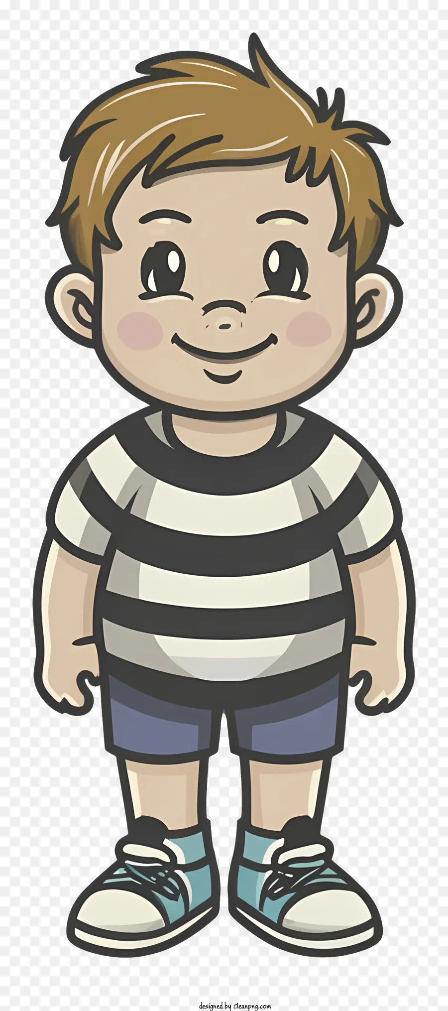 young boy striped shirt blue shorts light brown hair dark brown eyes