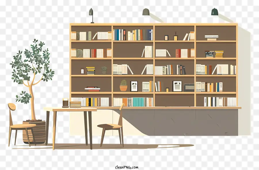 Buchhandlung Bücherregalbücher Tischstuhl - Neutrales Bücherregal mit Tisch, Pflanzen und Lampen