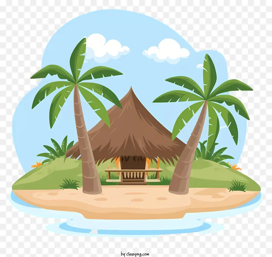 Palmen - Tropische Insel mit strohgedeckter Hütte am Strand