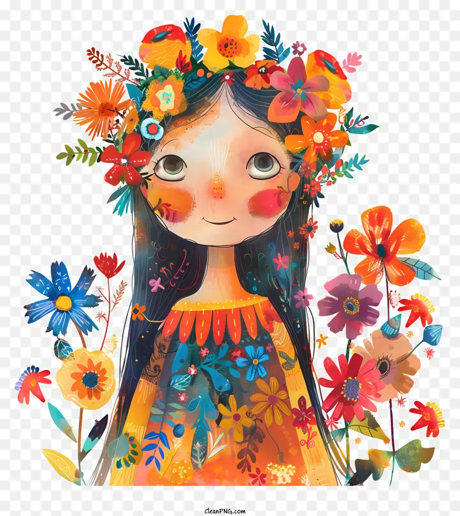 cô gái nhỏ - Cô gái trong hoa vương miện được bao quanh bởi những bông hoa đầy màu sắc