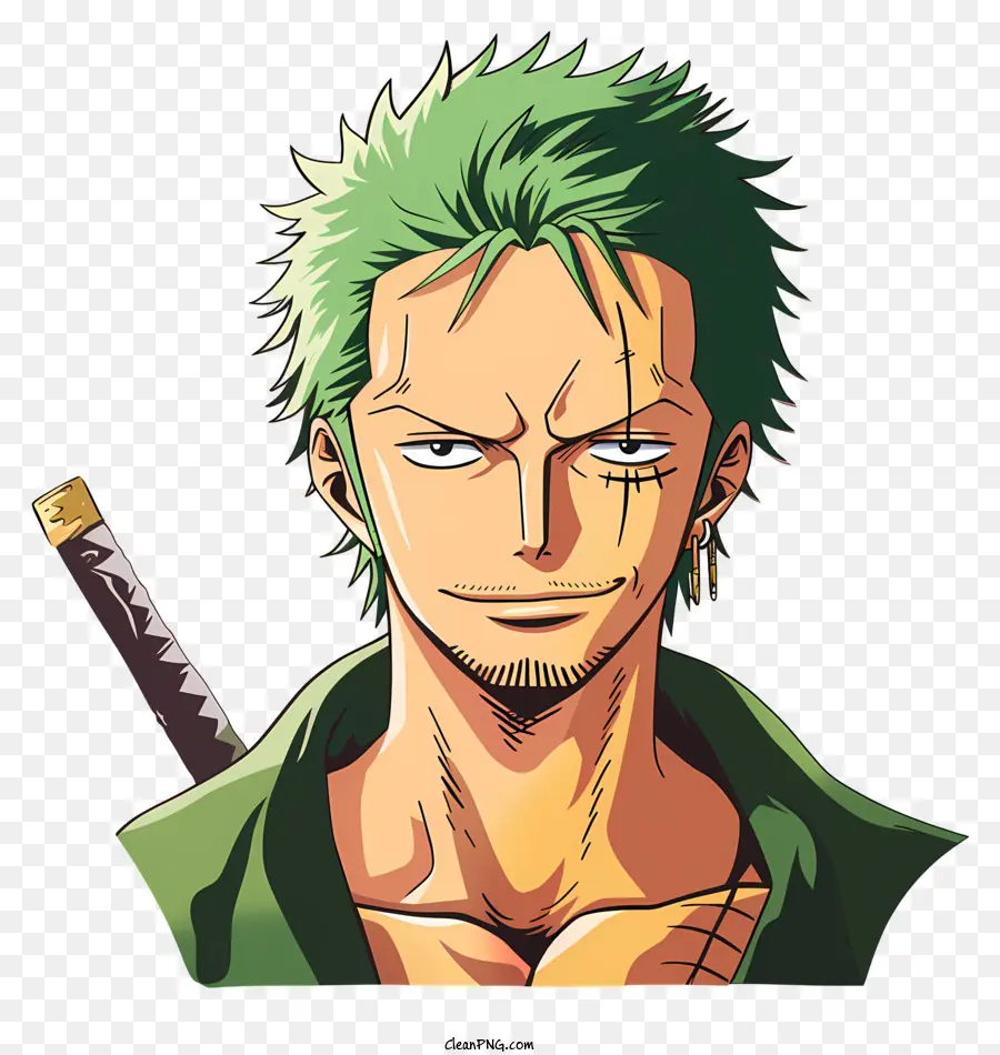 One Piece Roronoa Zoro Caratteri Green Shirt Swords Physico muscoloso - Carattere serio con spade in camicia verde