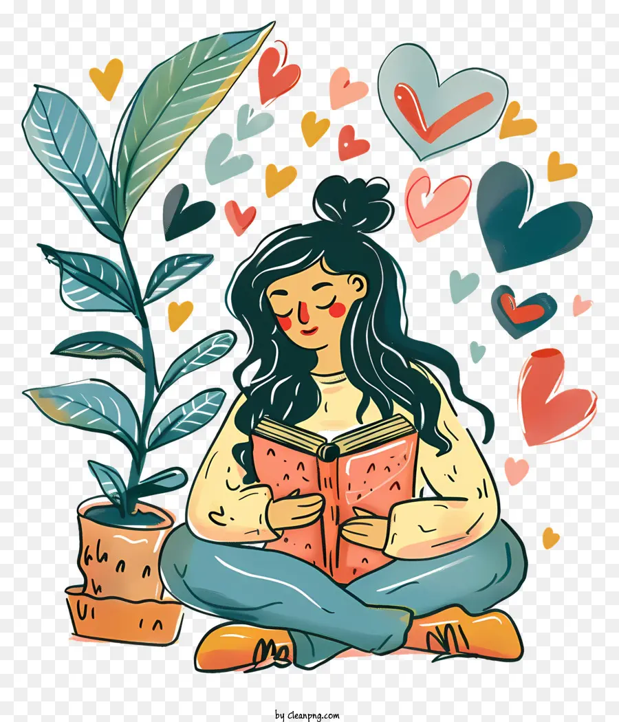 amante del libro ragazza che legge cuori concentrazione pianta pentola - Ragazza che legge il libro circondato da cuori galleggianti