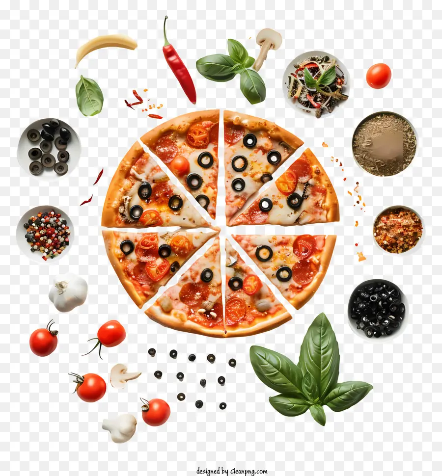 pizza toppings cà chua nấm húng quế - Cận cảnh bức ảnh pizza với toppings