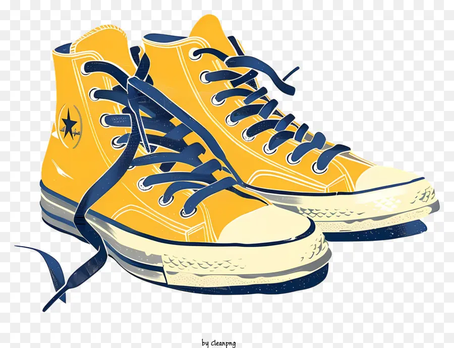Turnschuhe gelbe Turnschuhe blaue Schnürsenkel weiße Sohlen Sneaker - Gelbe Turnschuhe mit blauen Schnürsenkeln, weißen Sohlen