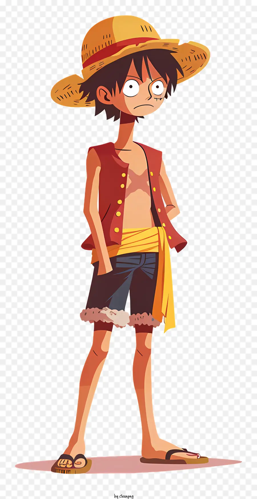 ein Stück luffy Cartoon Charakter gelbes Hemd rote Shorts Strohhut - Happy Cartoon -Charakter mit verschränkten Armen