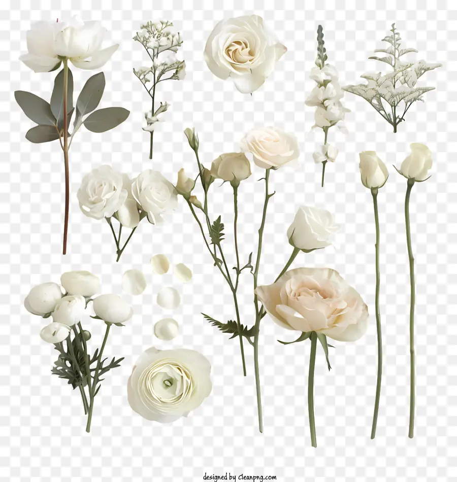weiße Rosen - Weiße Rosen, Knospen, Blätter im realistischen Strauß