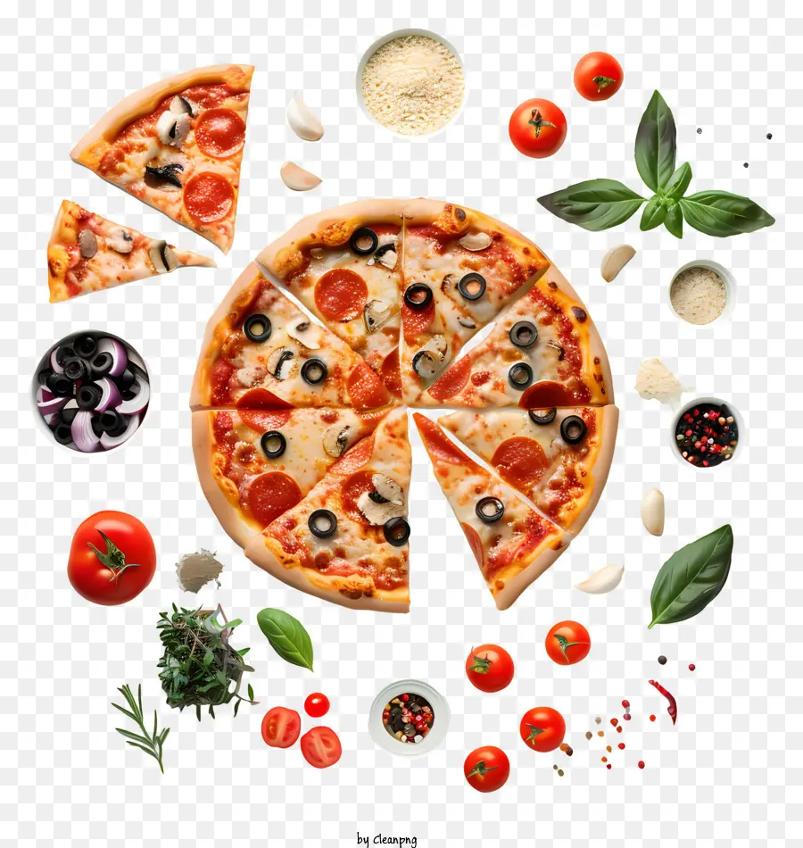 Pizza -Toppings Olivenkäse Tomaten - Kreispizza mit Vielfalt an Belägen