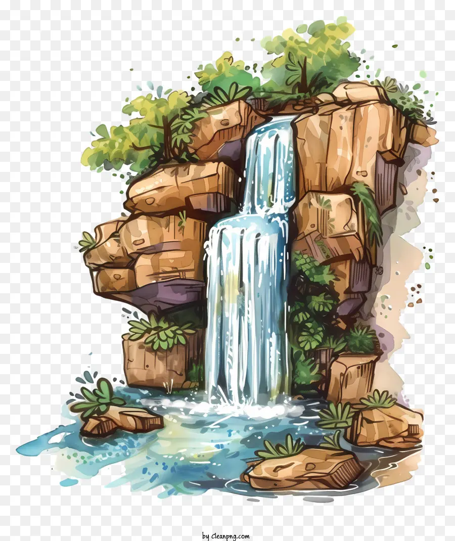 thác nước - Bức tranh màu nước của thác nước trong môi trường đá