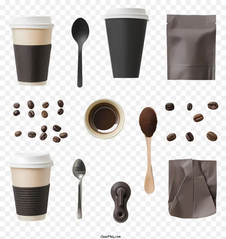 Kaffeetasse - Schwarze Pappbecher, Metalllöffel, Kaffeebohnen