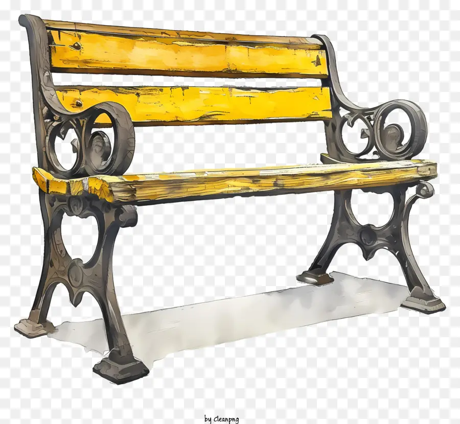 garden bench yellow bench ornate metal decorations wooden surface black stain