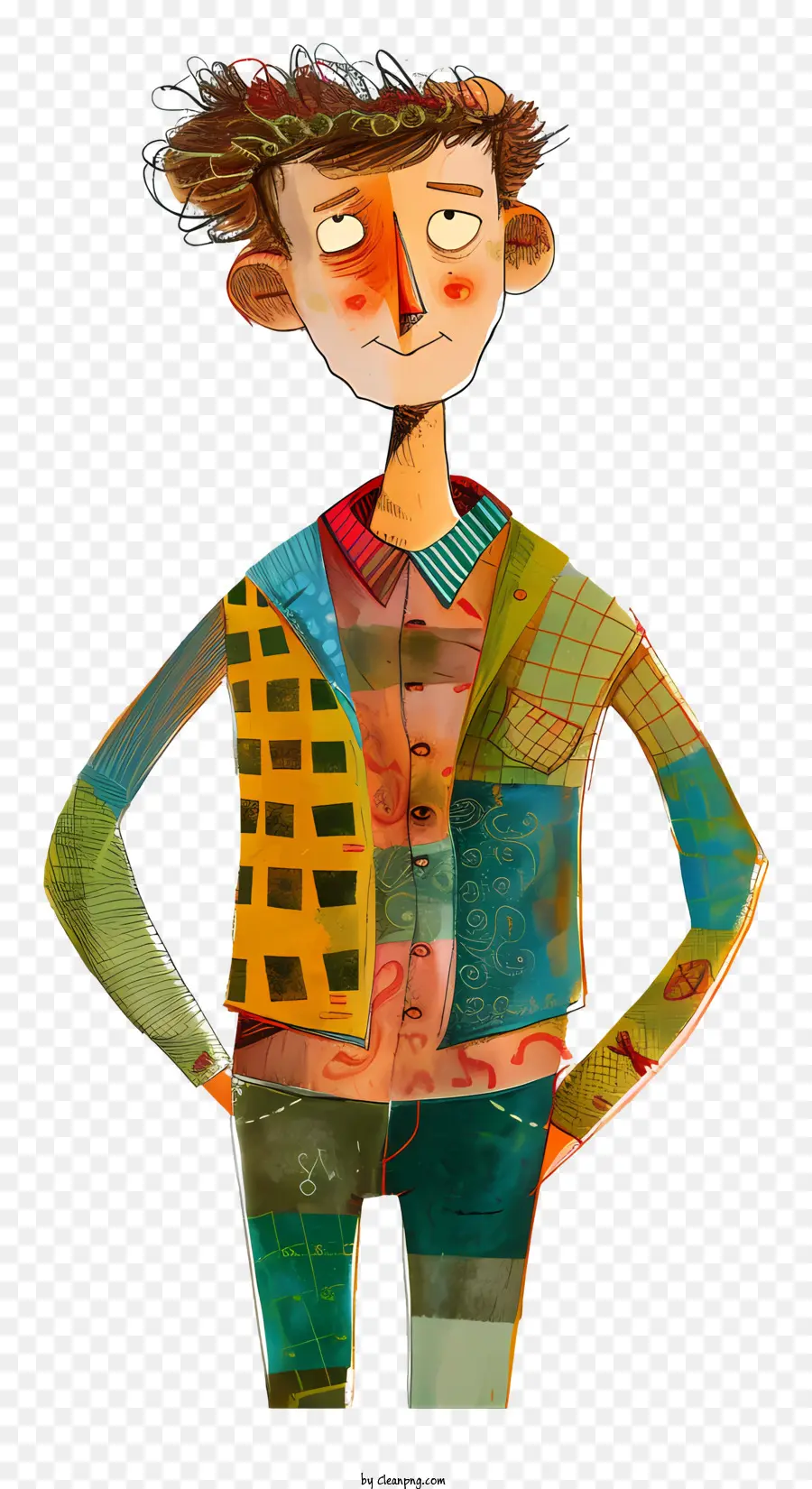 Cavicatore di cartone animato stravagante che dipinge uomo braccia camicia a strisce incrociate - Uomo con camicia a strisce e maglione a V.