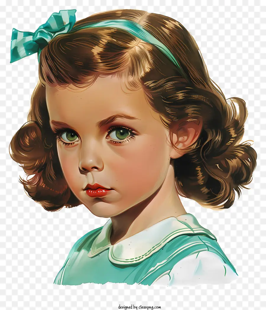 Mode Retro Girl Junges Mädchen malt grünes Bogen weißes Hemd - Junges Mädchen mit grünem Bogen, ernsthafter Ausdruck