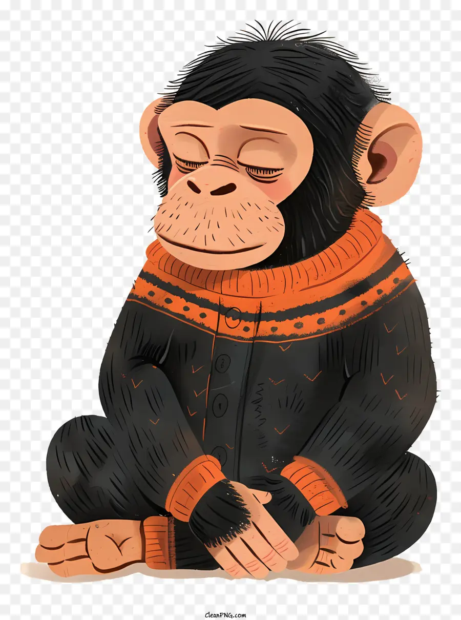 Affe - Schimpanse, die orangefarbenen Pullover mit friedlich sitzen