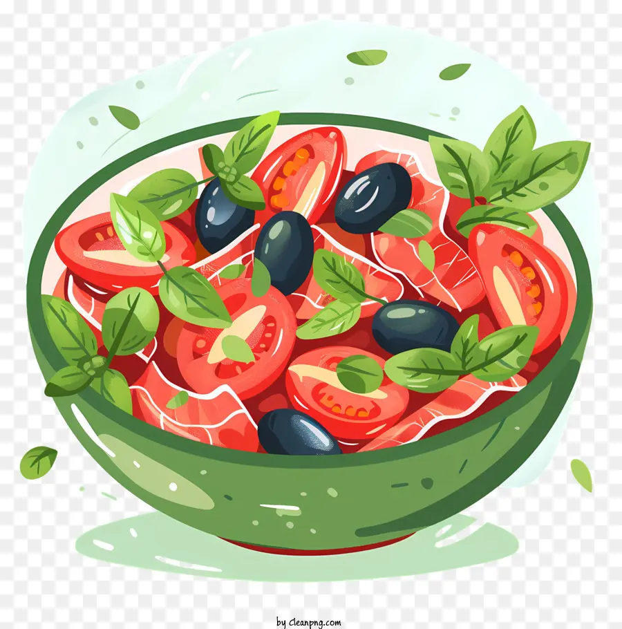 dầu ô liu - Cà chua, dưa chuột, salad ô liu với nước sốt húng quế