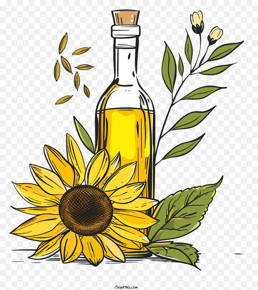 Olivenöl - Flasche Olivenöl neben Sonnenblume