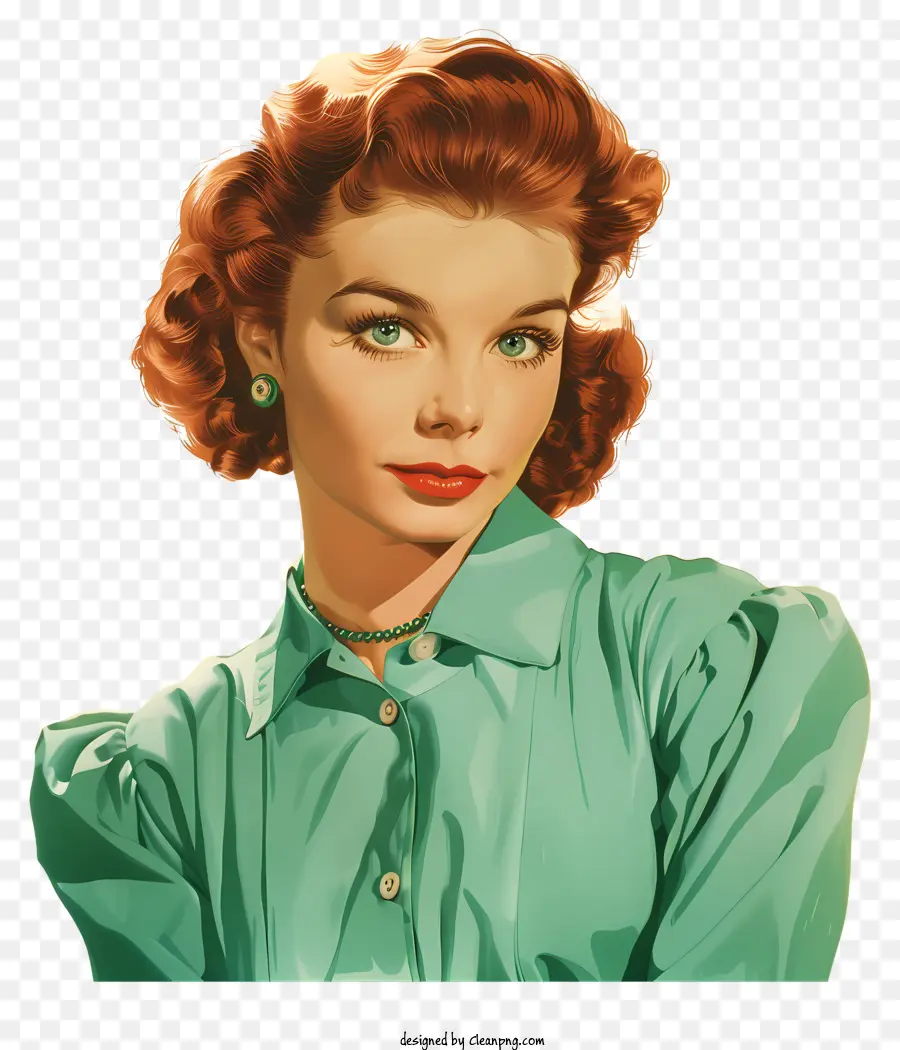 Mode Retro Frau rotes Haar grüne Bluse Halskette Frau - Frau mit rotem Haar in grüner Bluse
