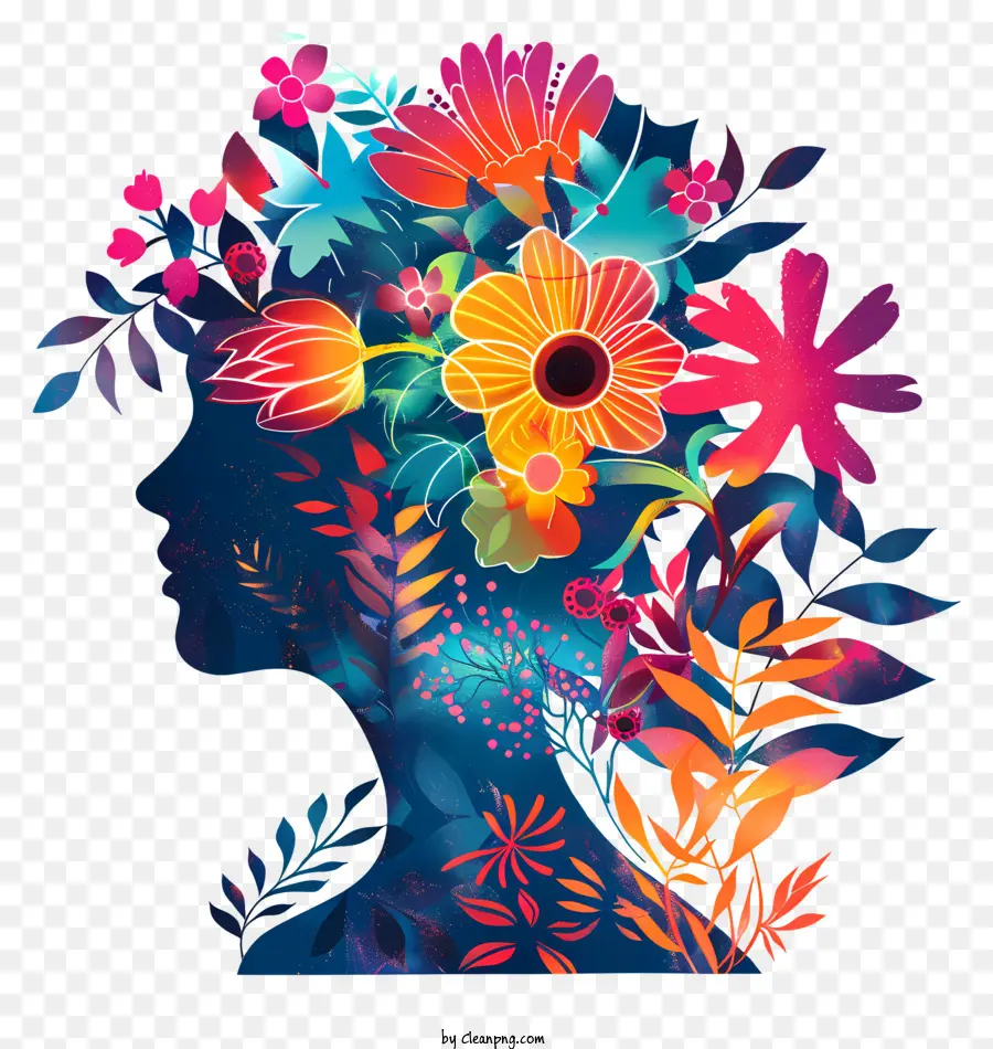 womens day flower art woman's head flowers leaves dark background