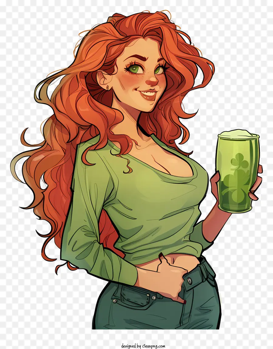 San Patrick's Day Party Woman Hair Beer Beer Green Shirt - Donna con capelli rossi che tiene felice il bicchiere di birra