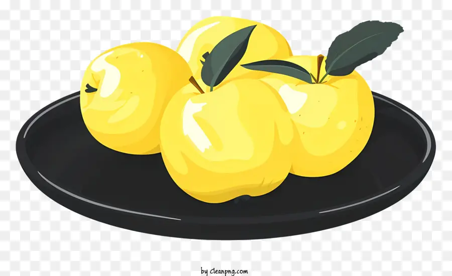 gelbe Äpfel Zitronenzitrusfrucht Vitamin C. - Zitronen auf Teller mit Blättern, schwarzer Hintergrund