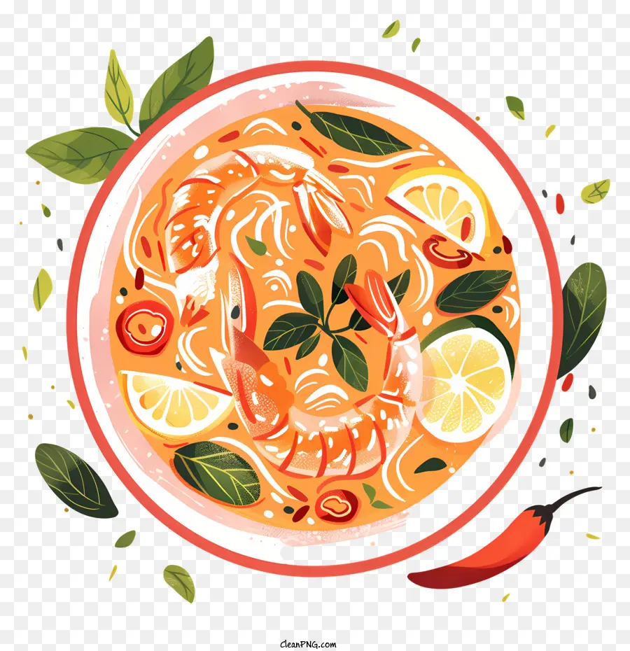 Tom Yum Goong Noodle Soup Soup Rau rau chanh - Hình minh họa của phở nóng với tôm