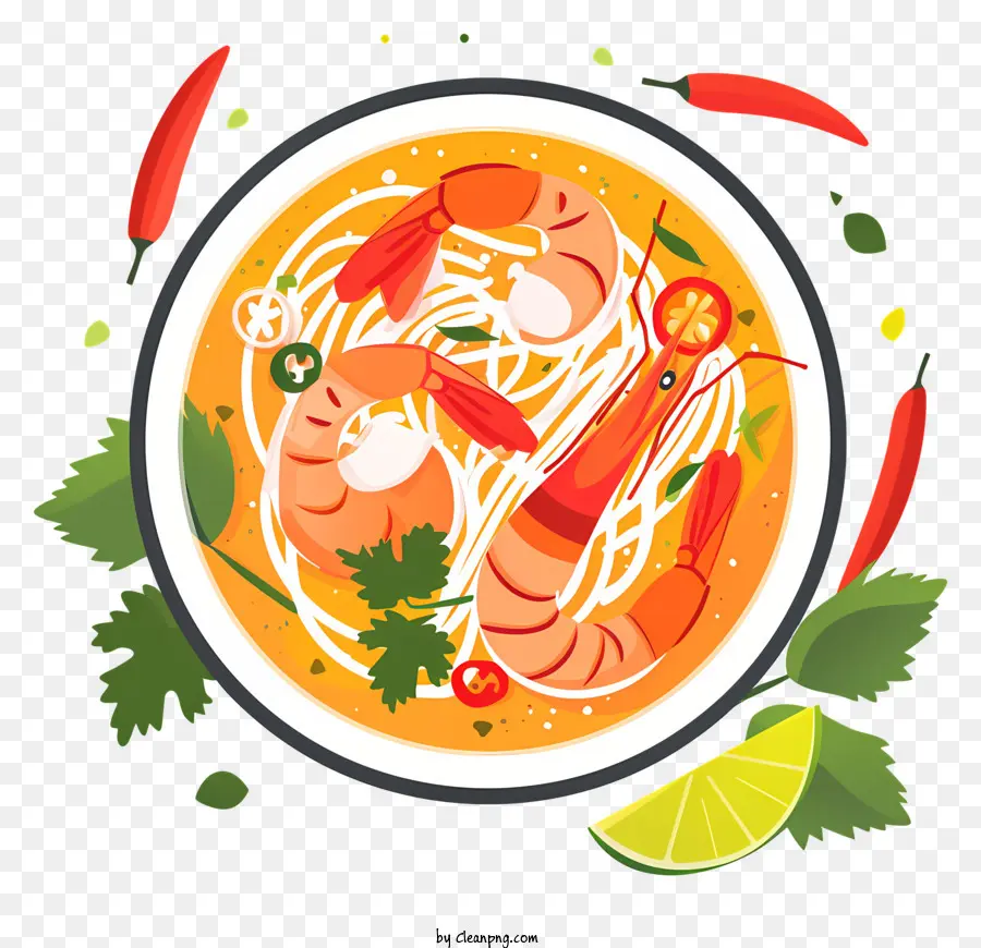 Tom Yum Goong Pho Suppe Shrimp Nudeln Koriander - Schüssel Pho -Suppe mit Garnelen und Kräutern