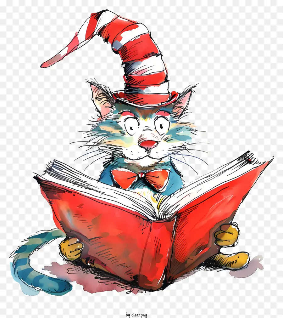 offenes Buch - Katze im Hut liest Buch aufmerksam