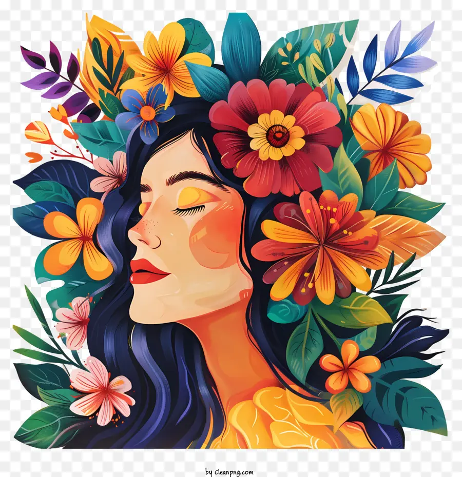 Damentag Blumenkunst Frauengesicht lebendige Blumen farbenfrohe Blätter ruhiger Ausdruck - Digitale Illustration der Frau, die von Blumen umgeben ist