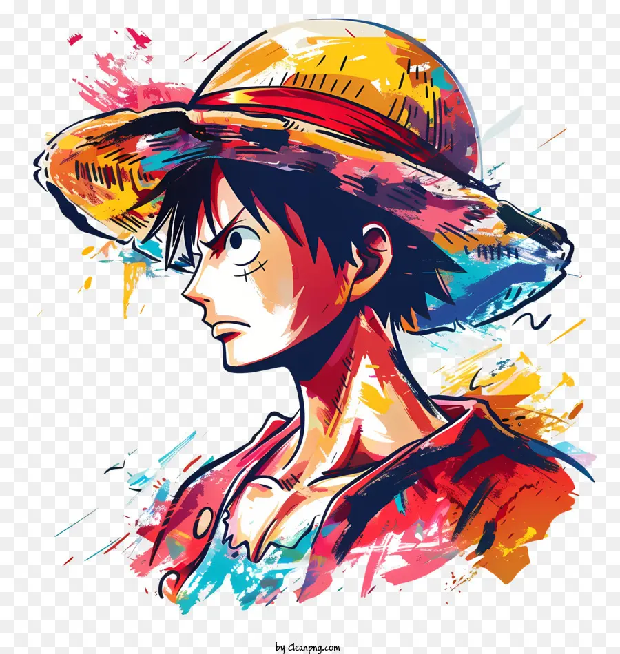 one piece luffy straw hat portrait serious expression bright colors