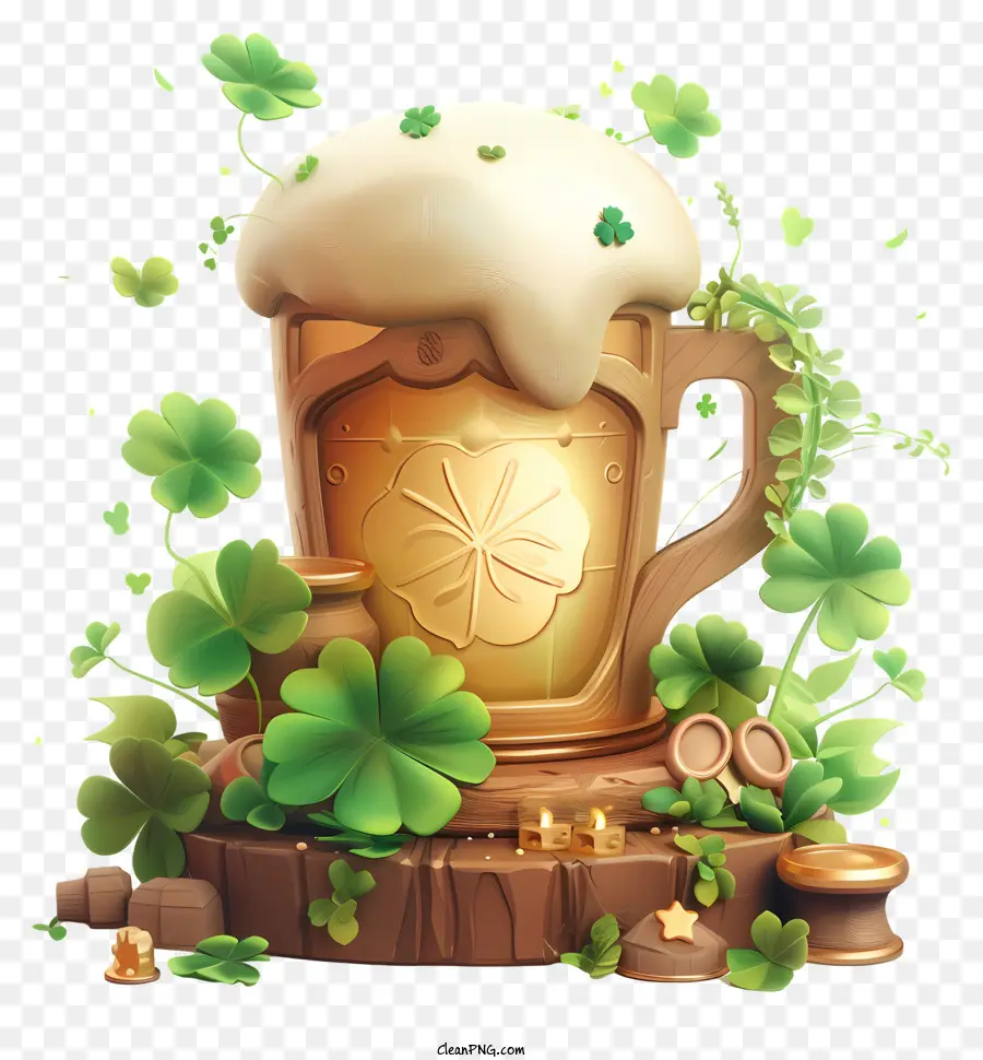 St. Patrick - Cốc bia trên bàn với shamrocks