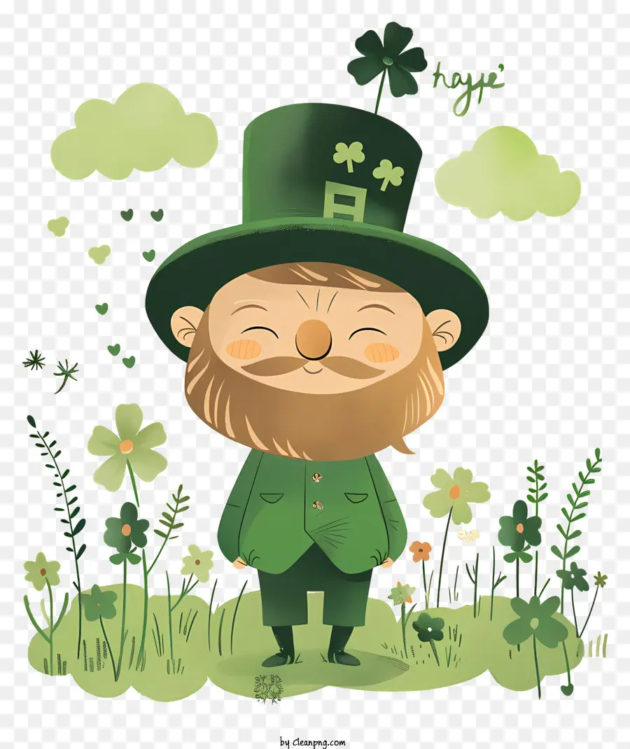 Happy St. Patrick's Day Cartoon Charakter Green Hat Beard Field of Flowers - Happy Cartoon Charakter im Blumenfeld