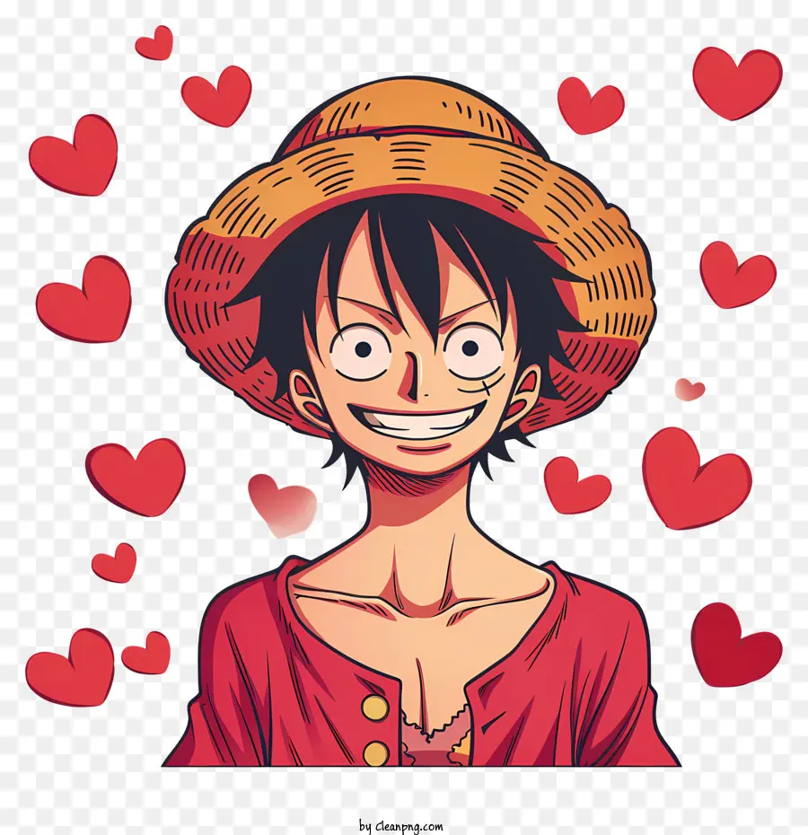 một mảnh chân dung Luffy Smiling Red Shirt Mũ ống - Người có áo đỏ và mũ rơm, được bao quanh bởi trái tim