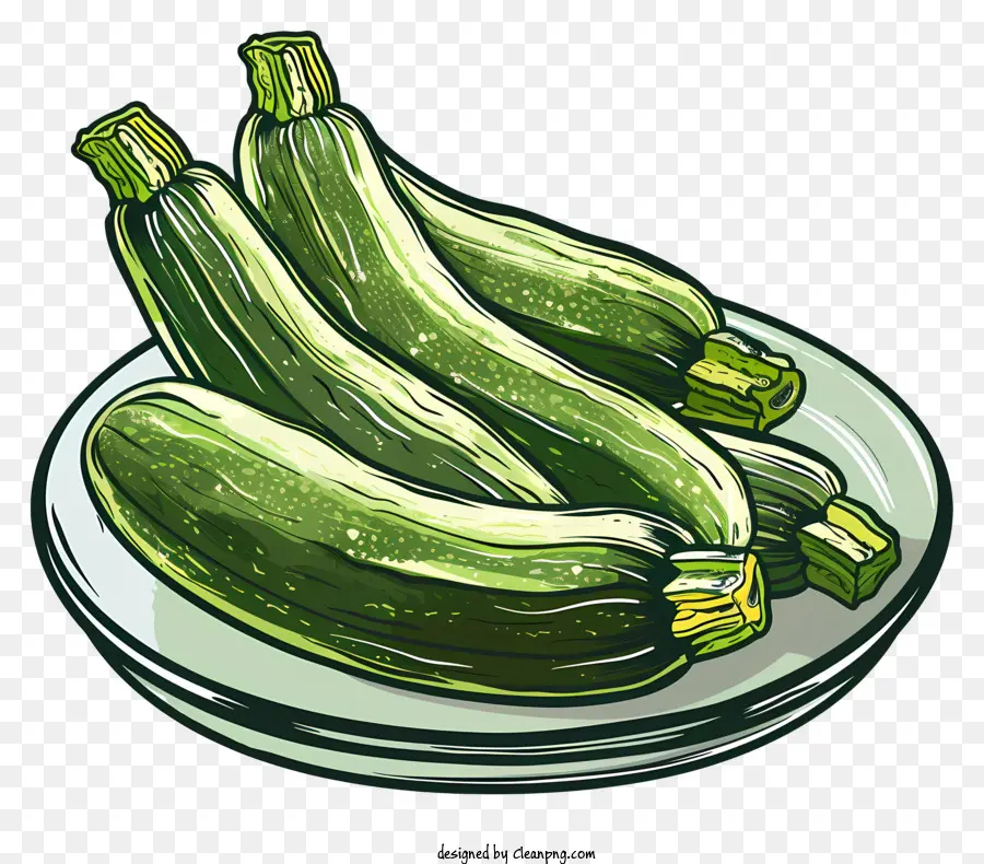 Zucchini Piatto vegetale alimento sano - Piastra con sei zucchini su verdure a foglia
