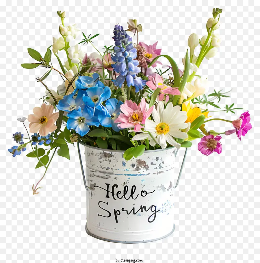 Hallo Frühling - Weißer Metalleimer mit Blumen, 