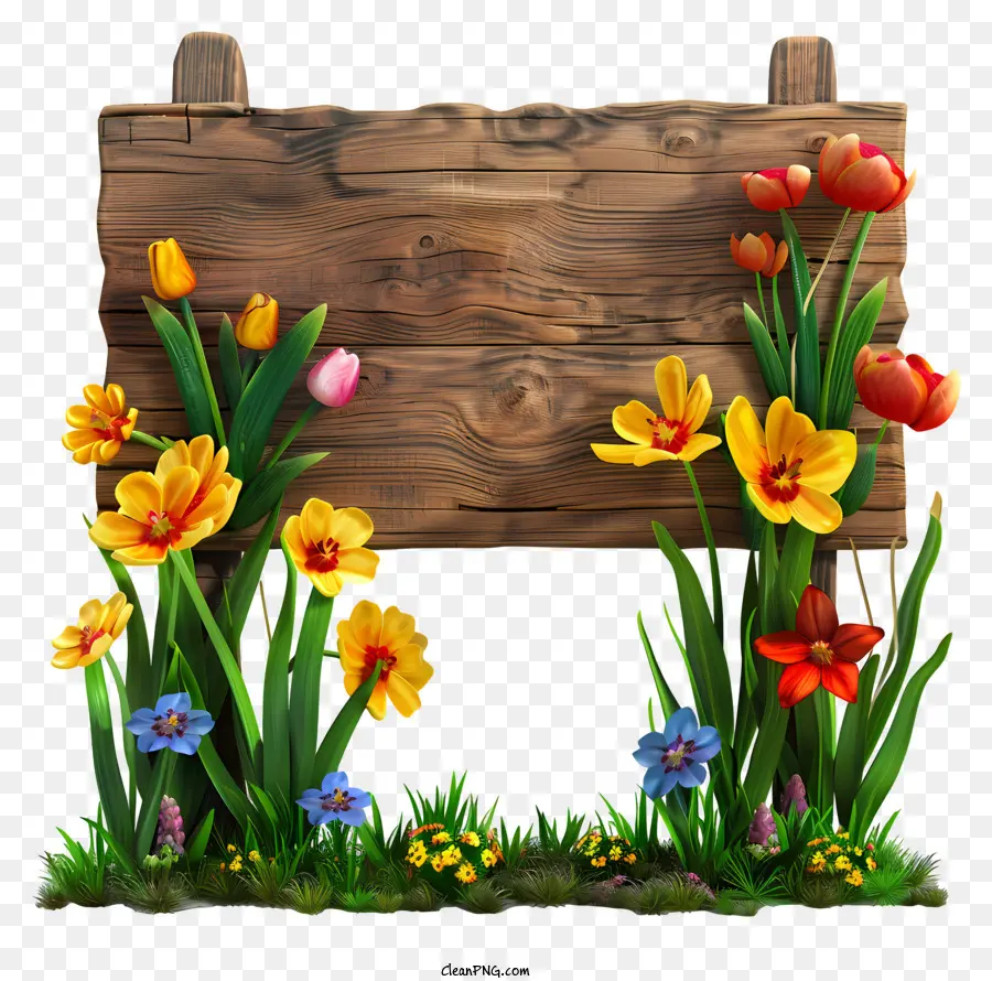 segno di legno - Tulipani colorati e fiori con cartello in legno