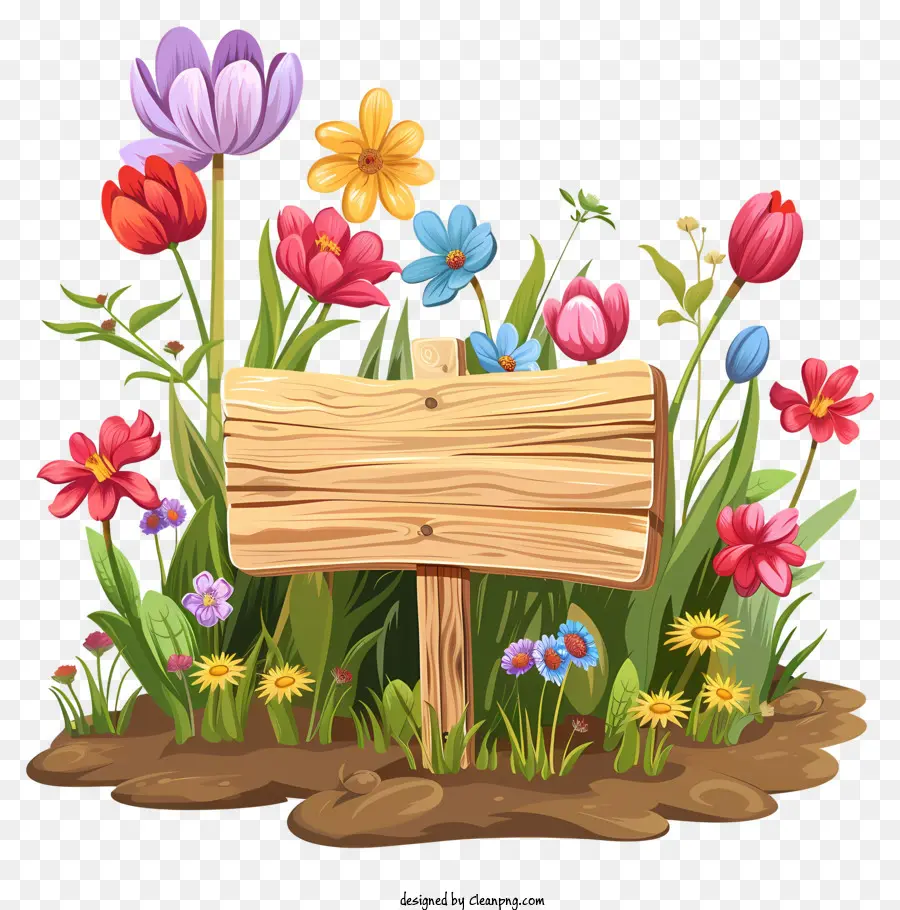 Frühlingsblumen Zeichenschild Holz schildepost farbenfrohe Blüten grünes Feld - Hölzerne Wegweiser im blütengefüllten Feld, verwittert