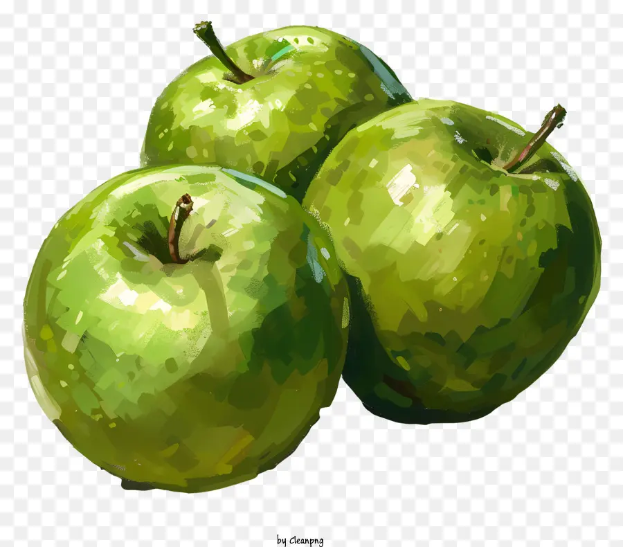 grüne Äpfel grüne Äpfel Schwarz -Weiß symmetrisch dunkler Hintergrund - Drei glänzende grüne Äpfel auf dunklem Hintergrund