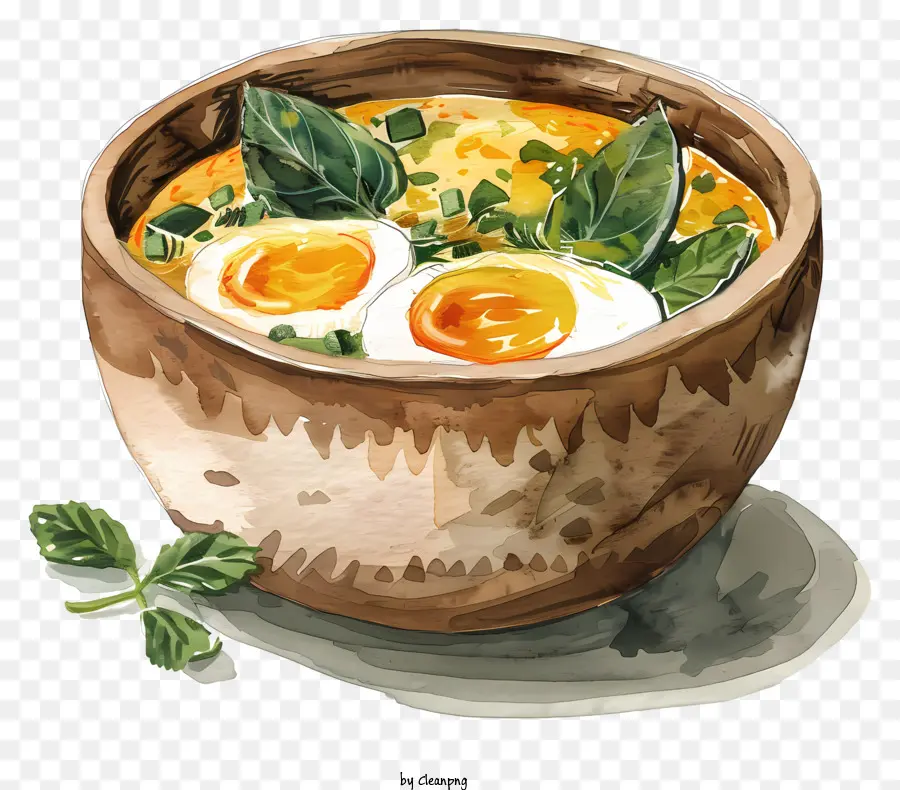 Thai Egg Stew Soup Chicken Herbs Bowl - Súp gà với các loại thảo mộc trong bát gỗ
