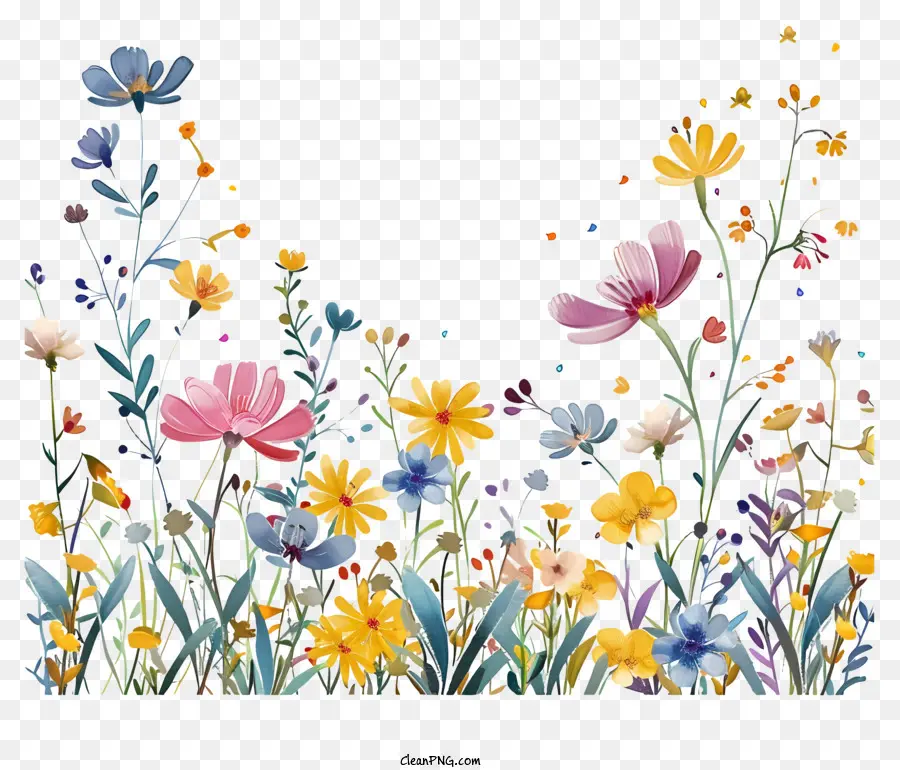 Hallo Frühling - Farbenfrohe Blumenfeld -Illustration auf schwarzem Hintergrund
