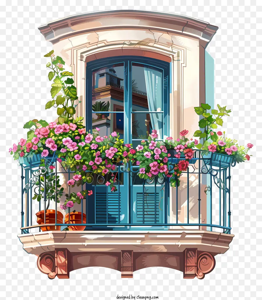Fiori del balcone primaverile Balcone fiori vaso di metallo blu - Balcone vivido con fiori e ringhiera blu