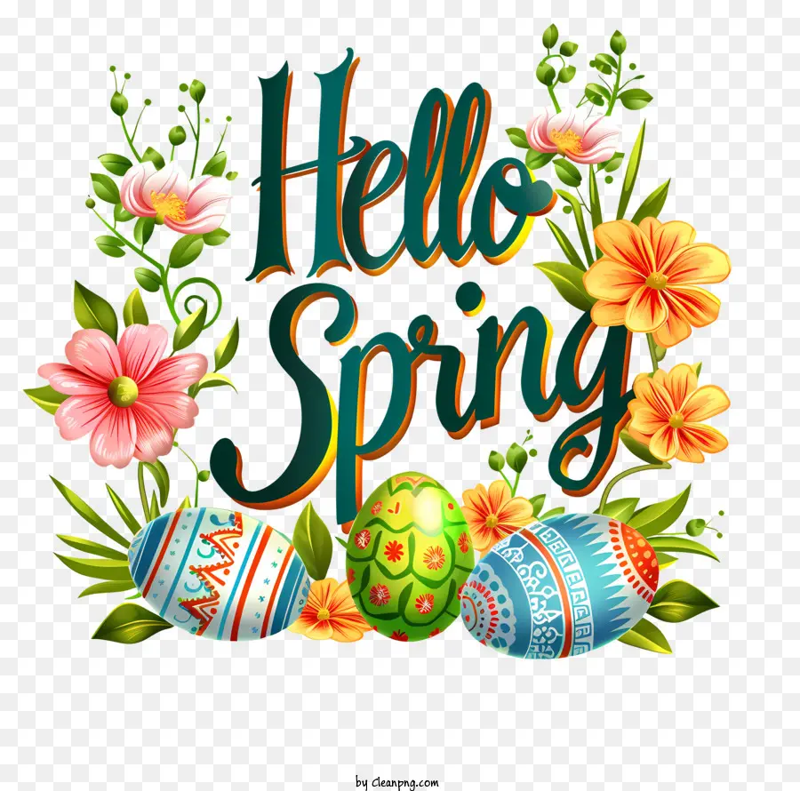 xin chào mùa xuân - Thẻ Phục sinh với trứng và hoa đầy màu sắc