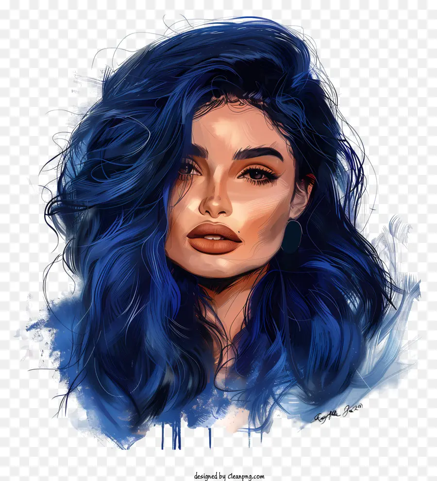Kylie Jenner Digitales Kunst Blaues Haar lockiges Haar Fantasie Kunst - Frau mit langem blauem Haar in digitaler Kunst
