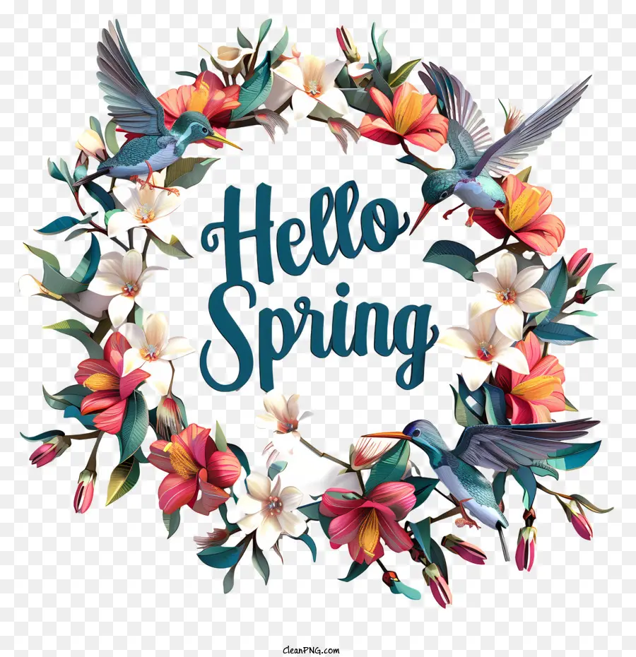 Hallo Frühling - Buntes Blumenkranz mit Vögeln 